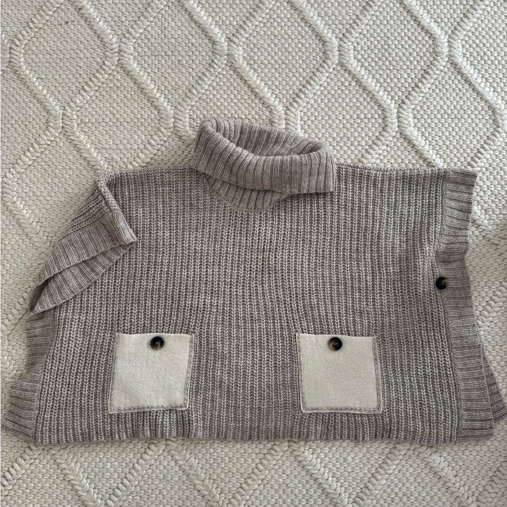 Gray Turtleneck Poncho Sweater with Pockets